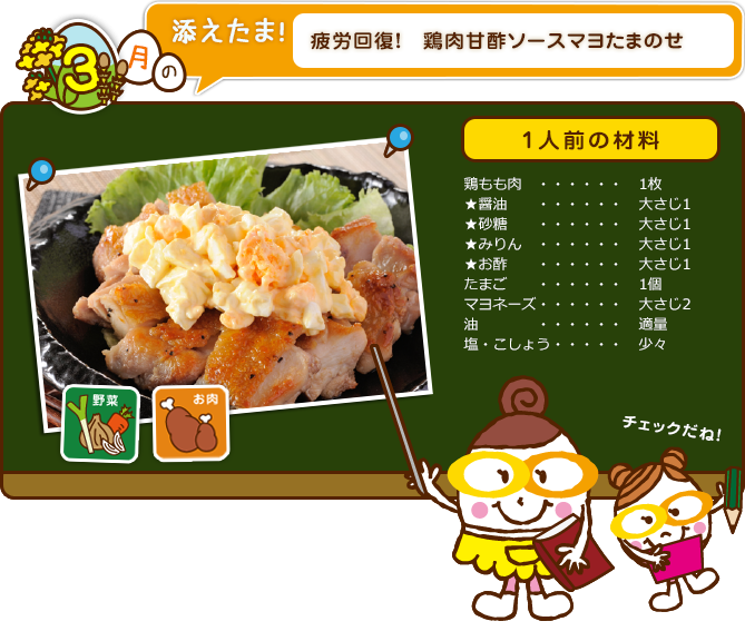 疲労回復！ 鶏肉甘酢ソースマヨたまのせ